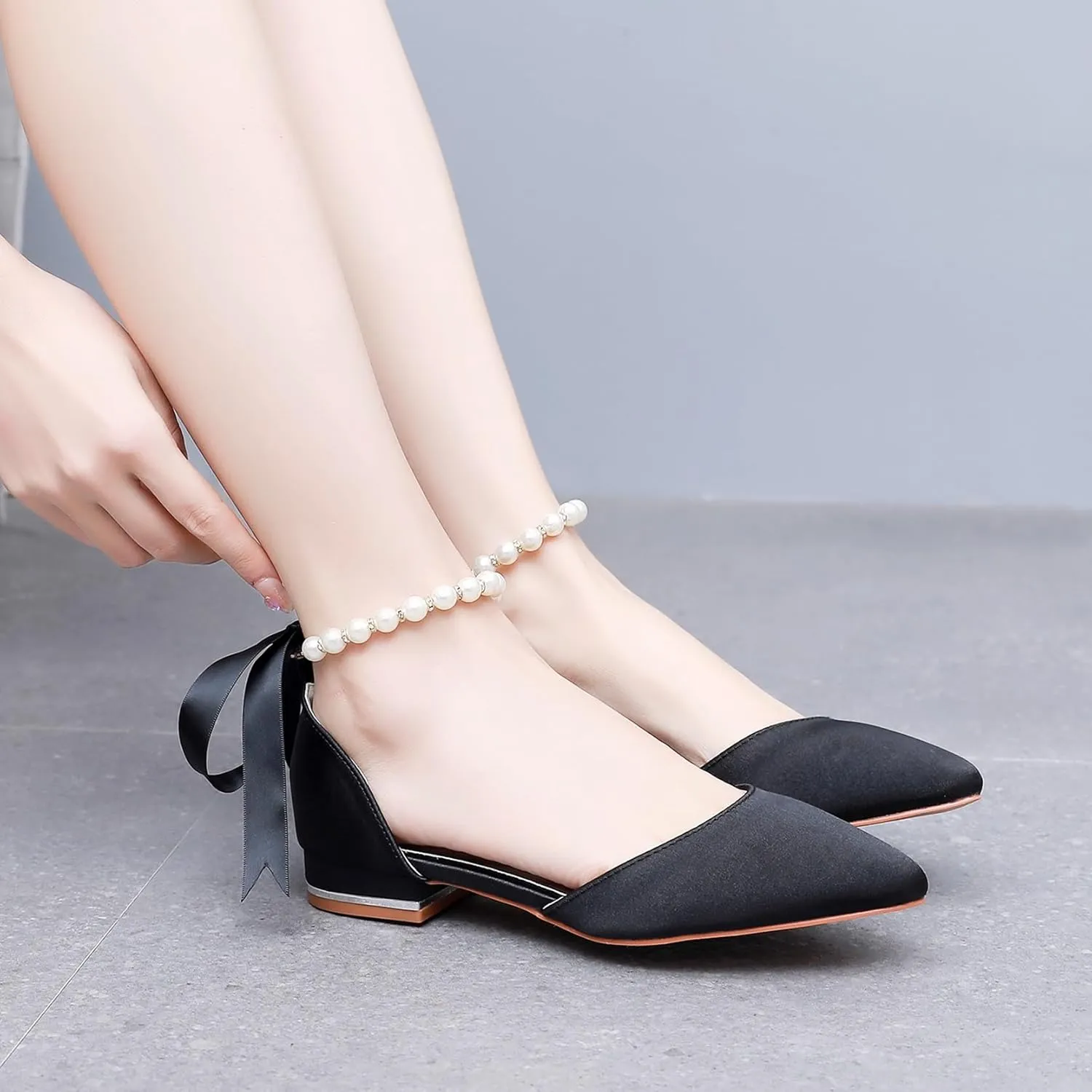 Women's Pearl Satin Wedding Shoes Pointed Toe Comfortable Bridal Flats Formal Prom Party Dress Pumps Ankle Strap Sandals