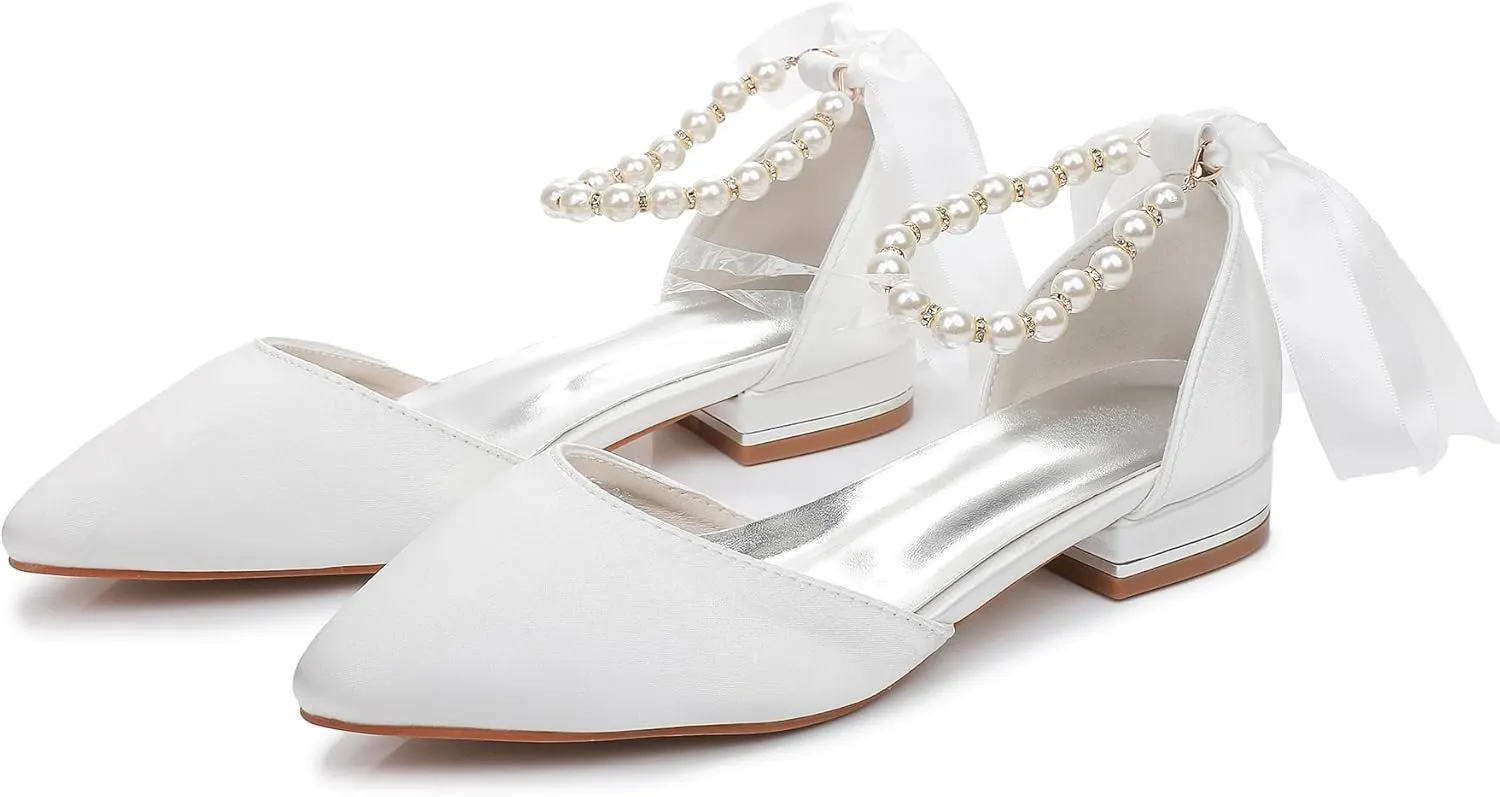 Women's Pearl Satin Wedding Shoes Pointed Toe Comfortable Bridal Flats Formal Prom Party Dress Pumps Ankle Strap Sandals