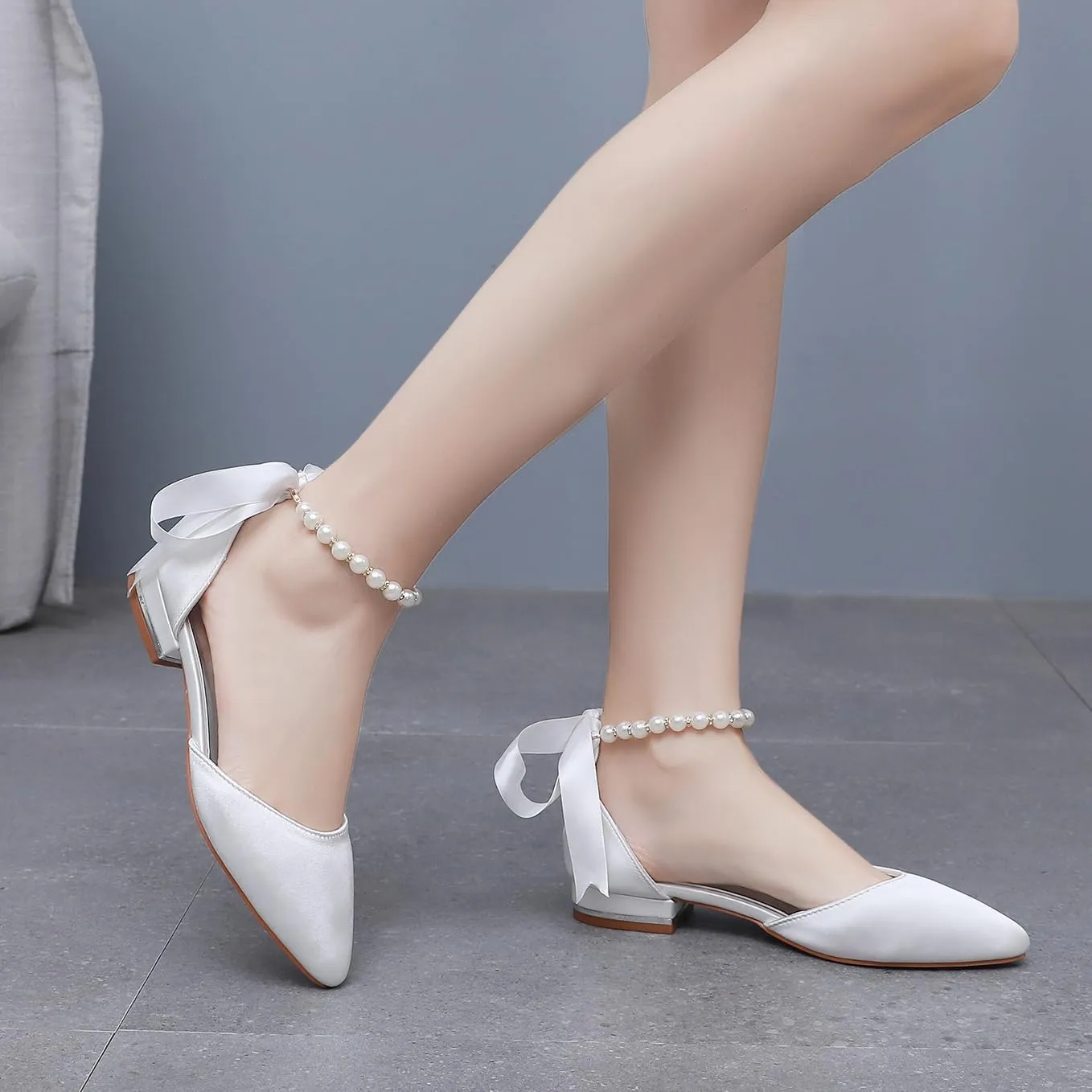 Women's Pearl Satin Wedding Shoes Pointed Toe Comfortable Bridal Flats Formal Prom Party Dress Pumps Ankle Strap Sandals