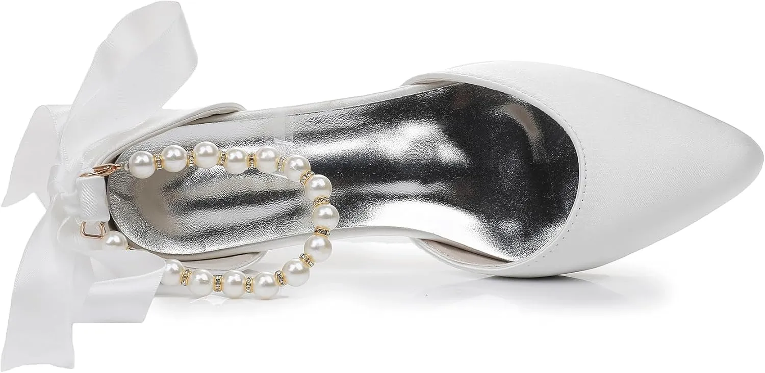 Women's Pearl Satin Wedding Shoes Pointed Toe Comfortable Bridal Flats Formal Prom Party Dress Pumps Ankle Strap Sandals