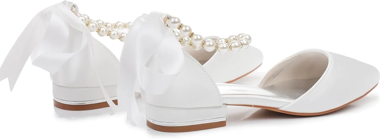 Women's Pearl Satin Wedding Shoes Pointed Toe Comfortable Bridal Flats Formal Prom Party Dress Pumps Ankle Strap Sandals