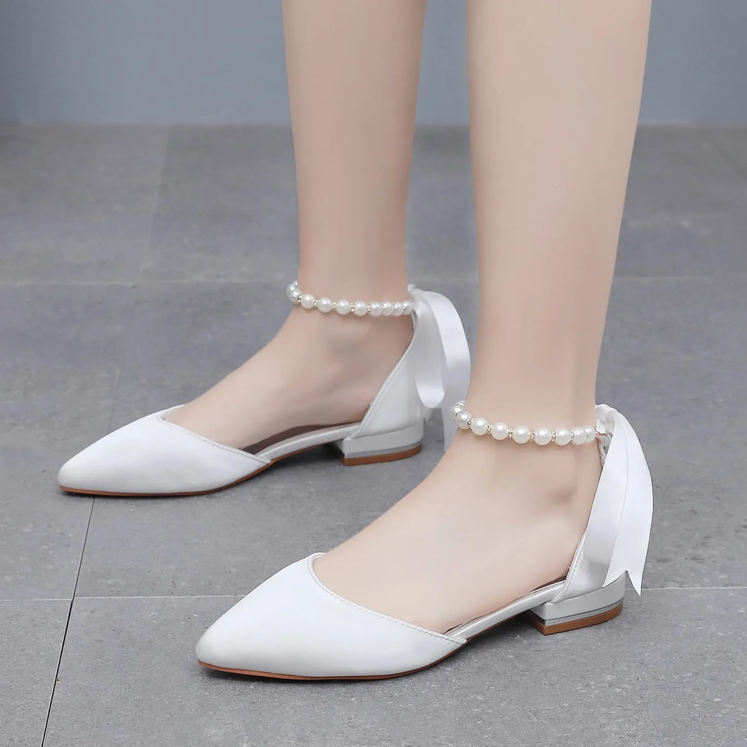 Women's Pearl Satin Wedding Shoes Pointed Toe Comfortable Bridal Flats Formal Prom Party Dress Pumps Ankle Strap Sandals