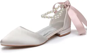 Women's Pearl Satin Wedding Shoes Pointed Toe Comfortable Bridal Flats Formal Prom Party Dress Pumps Ankle Strap Sandals