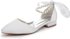 Women's Pearl Satin Wedding Shoes Pointed Toe Comfortable Bridal Flats Formal Prom Party Dress Pumps Ankle Strap Sandals