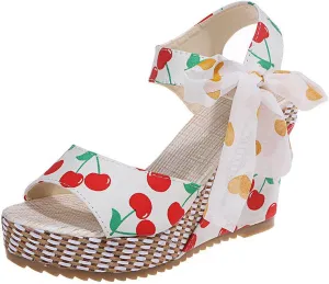 Womens Platform Espadrille Wedges Open Toe High Heel Floral Printed Slingback with Ankle Strap Bowknot Sandals Bow Dress Shoes Tie Lace Up Summer Sandal Wedding Dressy Beach Going Out Trendy Sandal