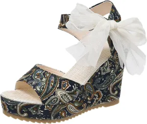 Women's Platform Sandals Wedge Open Toe Ankle Strap Lace Wedding Bridesmaid Shoes Rhinestone Summer Low Heel Close Toe