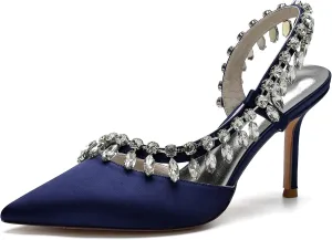 Women's Pointed Toe Crystal High Heels Satin Slingback Wedding Shoes Evening Party Comfort Flats Sandals for Bride