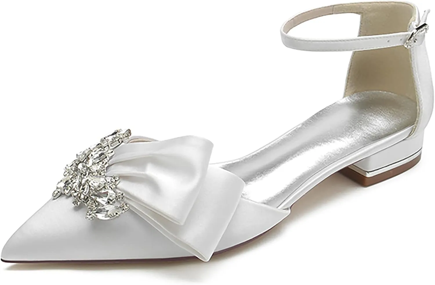 Women's Pointed Toe Flats Bridal Pumps Cryatal Satin Wedding Flats for Bride Prom Evening Bridal Party Dress Flats