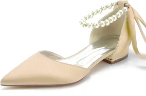 Women's Pointed Toe Pumps Pearl Satin Wedding Shoes for Bride Flats Ankle Strap Bridal Shoes Formal Prom Party Dress Pumps Sandals
