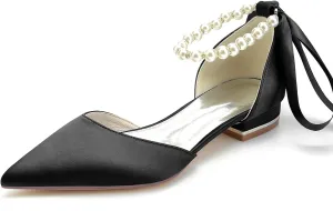 Women's Pointed Toe Pumps Pearl Satin Wedding Shoes for Bride Flats Ankle Strap Bridal Shoes Formal Prom Party Dress Pumps Sandals