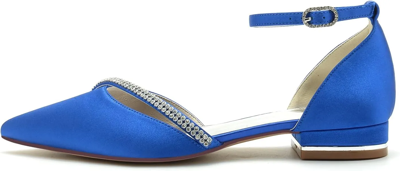 Women's Pointed Toe Satin Pumps Wedding Flats for Bride Crystal Bridal Shoes Prom Evening Bridal Party Dress Flats