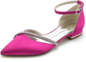 Women's Pointed Toe Satin Pumps Wedding Flats for Bride Crystal Bridal Shoes Prom Evening Bridal Party Dress Flats