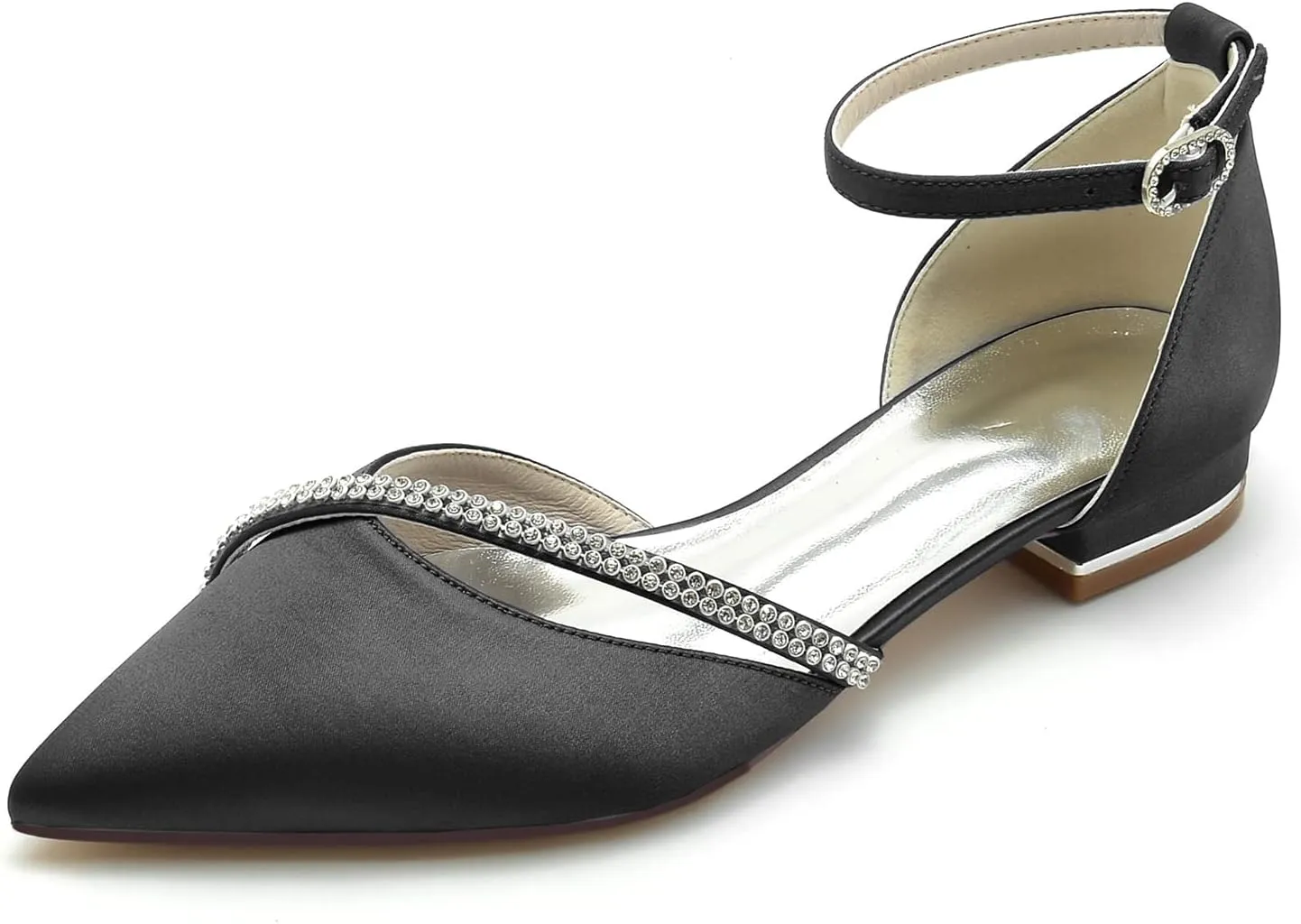 Women's Pointed Toe Satin Pumps Wedding Flats for Bride Crystal Bridal Shoes Prom Evening Bridal Party Dress Flats