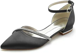 Women's Pointed Toe Satin Pumps Wedding Flats for Bride Crystal Bridal Shoes Prom Evening Bridal Party Dress Flats