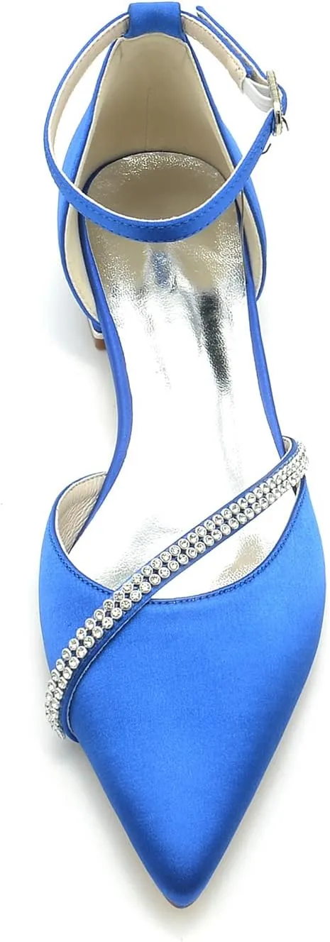 Women's Pointed Toe Satin Pumps Wedding Flats for Bride Crystal Bridal Shoes Prom Evening Bridal Party Dress Flats