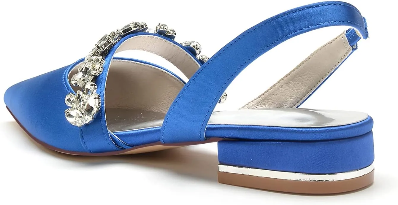 Women's Pointed Toe Wedding Flats Satin Rhinestones Slingback Bridal Shoes Comfortable Evening Prom Party Dress Shoes Pumps