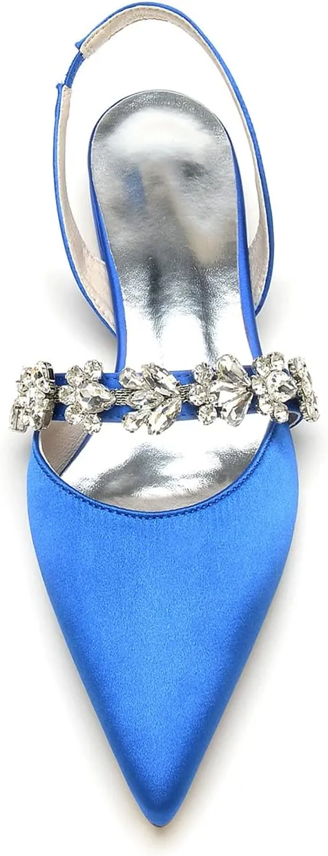 Women's Pointed Toe Wedding Flats Satin Rhinestones Slingback Bridal Shoes Comfortable Evening Prom Party Dress Shoes Pumps