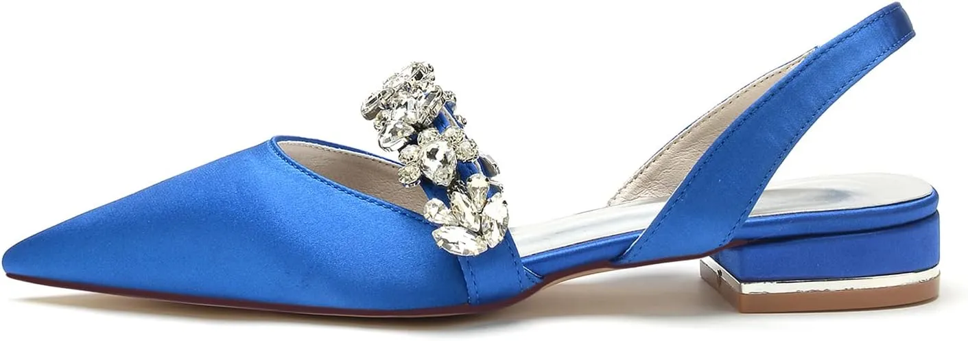 Women's Pointed Toe Wedding Flats Satin Rhinestones Slingback Bridal Shoes Comfortable Evening Prom Party Dress Shoes Pumps