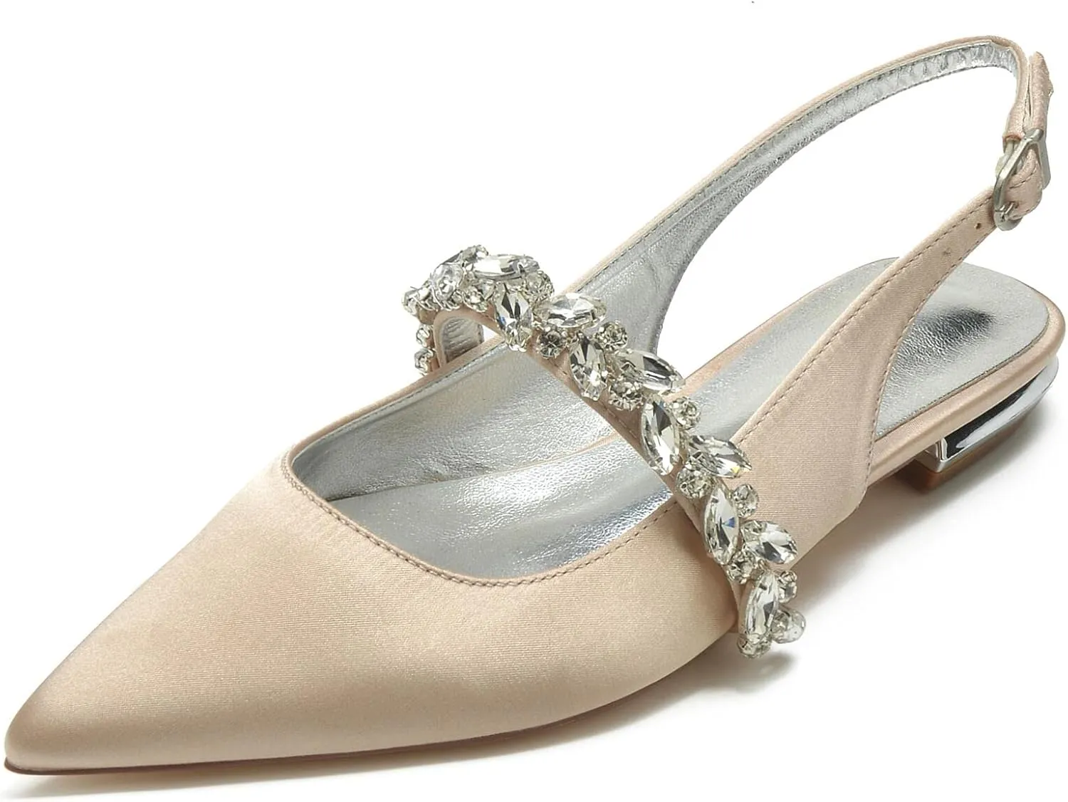 Women's Pointed Toe Wedding Shoes for Women Bridal Flats for Women Rhinestone Slingback Satin Bridal Shoes Dressy Flats