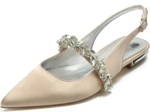 Women's Pointed Toe Wedding Shoes for Women Bridal Flats for Women Rhinestone Slingback Satin Bridal Shoes Dressy Flats