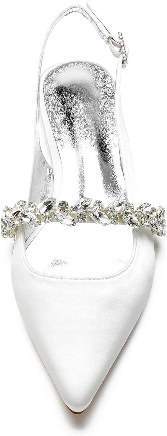 Women's Pointed Toe Wedding Shoes for Women Bridal Flats for Women Rhinestone Slingback Satin Bridal Shoes Dressy Flats