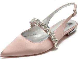 Women's Pointed Toe Wedding Shoes for Women Bridal Flats for Women Rhinestone Slingback Satin Bridal Shoes Dressy Flats