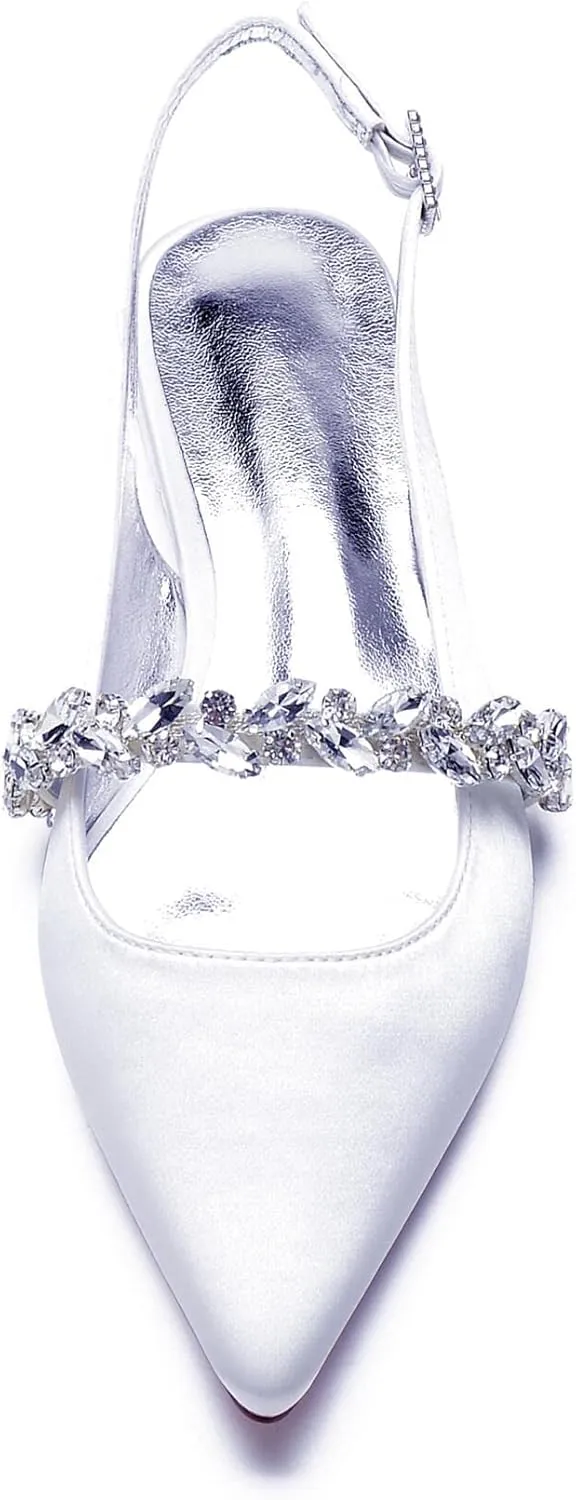 Women's Pointed Toe Wedding Shoes for Women Bridal Flats for Women Rhinestone Slingback Satin Bridal Shoes Dressy Flats