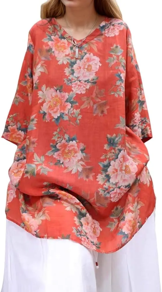 Women's Retro Flower Floral Graphic 3/4 Sleeve Tshirt Tops Summer Casual Oversized V Neck Shirt Blouse for Women
