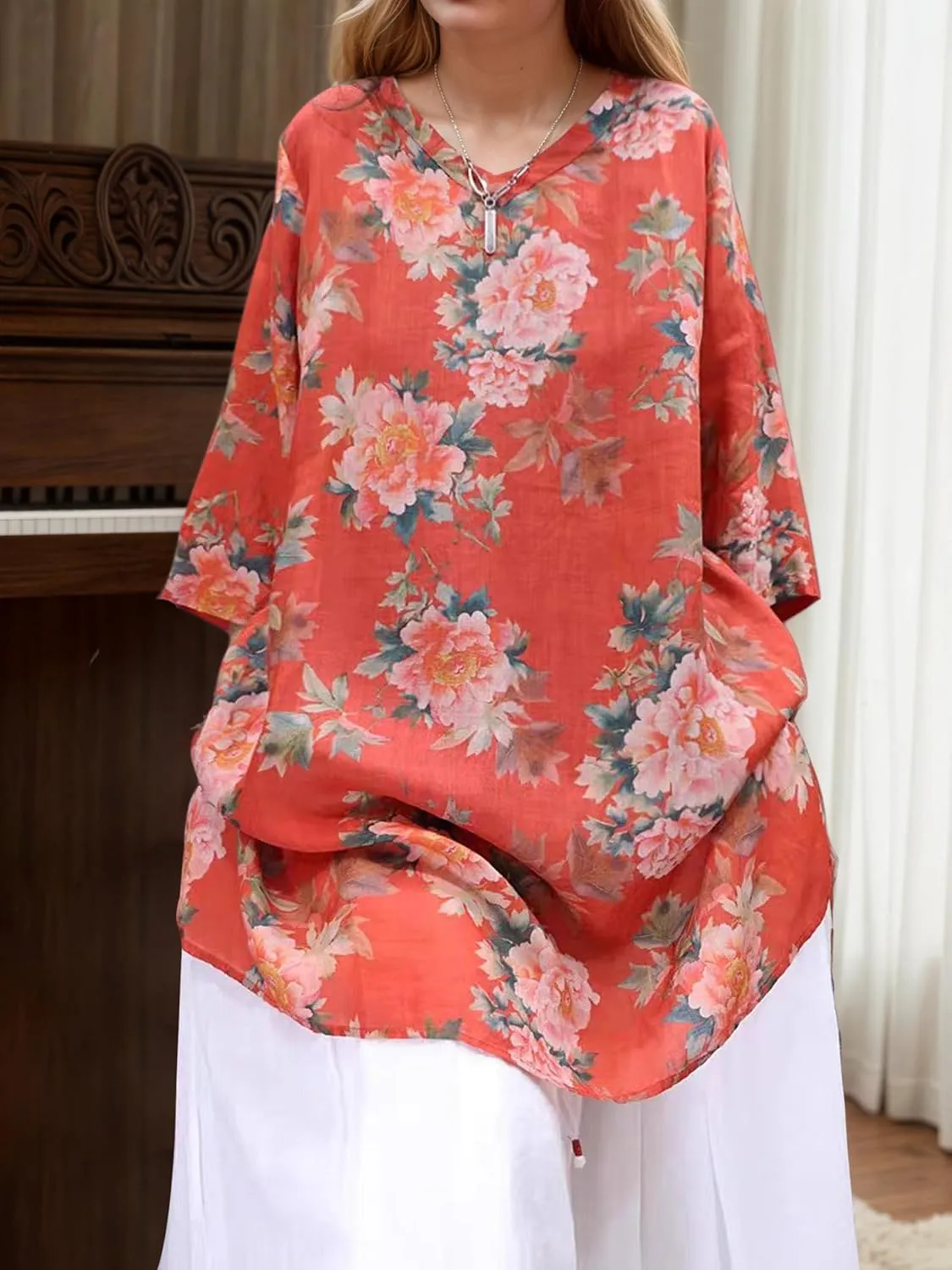 Women's Retro Flower Floral Graphic 3/4 Sleeve Tshirt Tops Summer Casual Oversized V Neck Shirt Blouse for Women