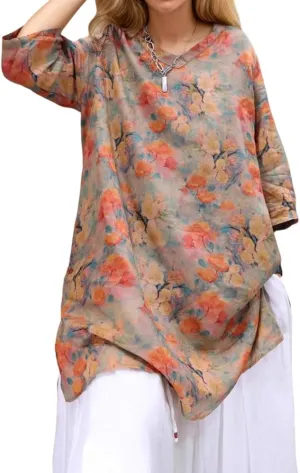 Women's Retro Flower Floral Graphic 3/4 Sleeve Tshirt Tops Summer Casual Oversized V Neck Shirt Blouse for Women