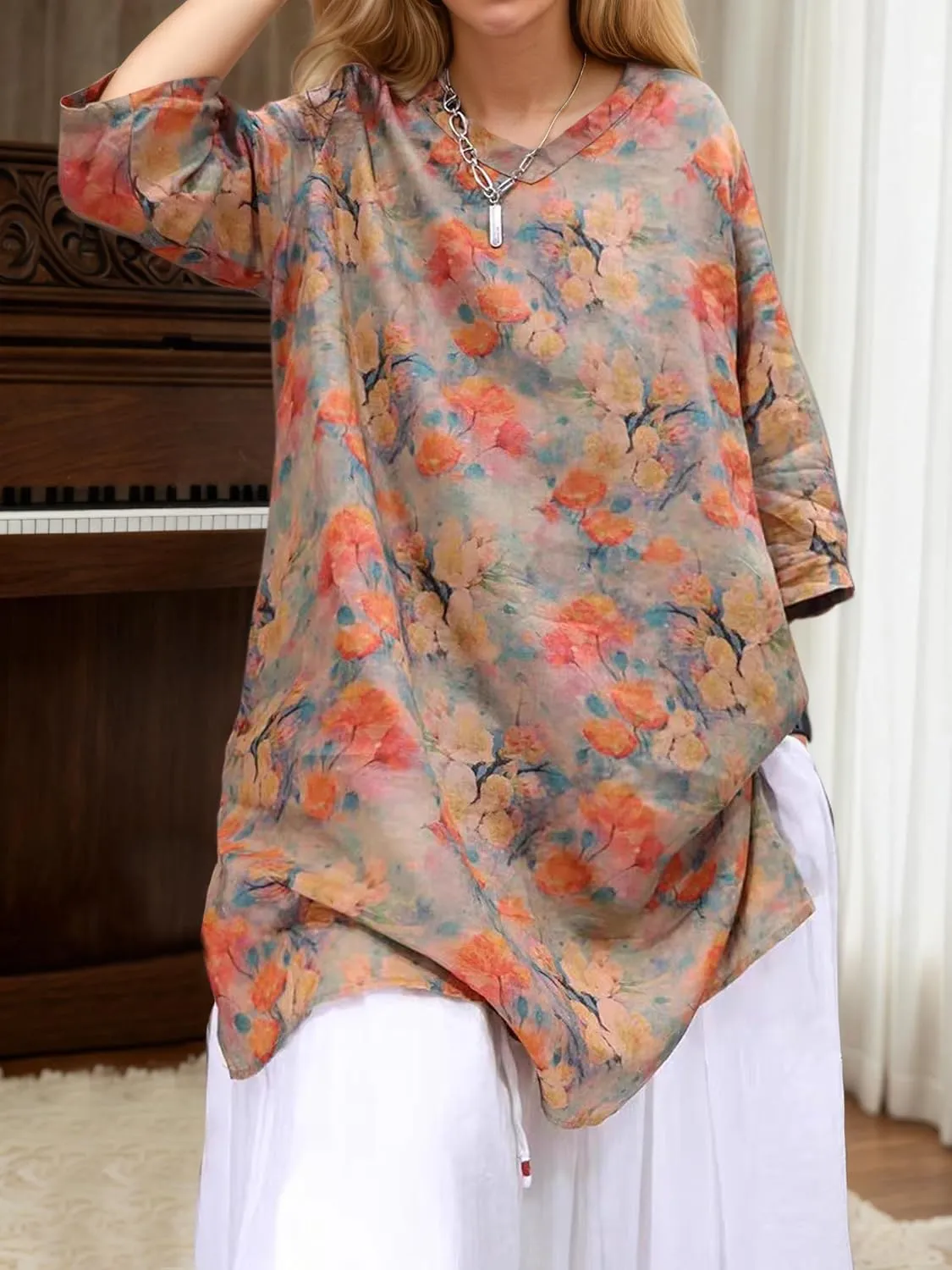 Women's Retro Flower Floral Graphic 3/4 Sleeve Tshirt Tops Summer Casual Oversized V Neck Shirt Blouse for Women