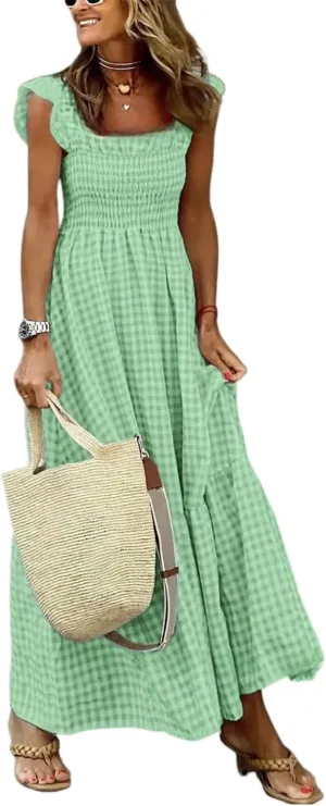 Women's Retro Plaid Smocked Dress Casual Square Neck Ruffle Spaghetti Strap Flounce Long Dress Beach Vacation Sun Dresses