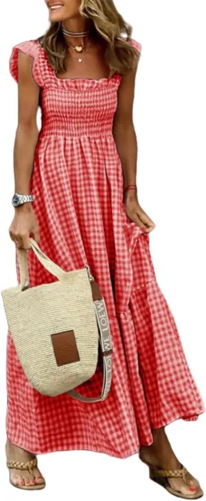 Women's Retro Plaid Smocked Dress Casual Square Neck Ruffle Spaghetti Strap Flounce Long Dress Beach Vacation Sun Dresses