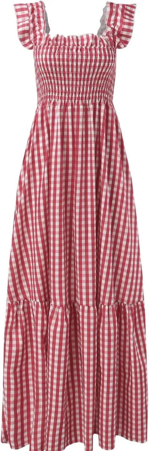 Women's Retro Plaid Smocked Dress Casual Square Neck Ruffle Spaghetti Strap Flounce Long Dress Beach Vacation Sun Dresses