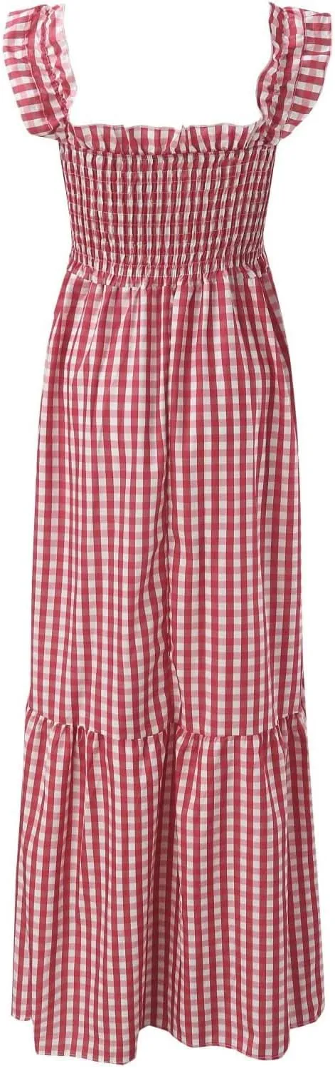 Women's Retro Plaid Smocked Dress Casual Square Neck Ruffle Spaghetti Strap Flounce Long Dress Beach Vacation Sun Dresses