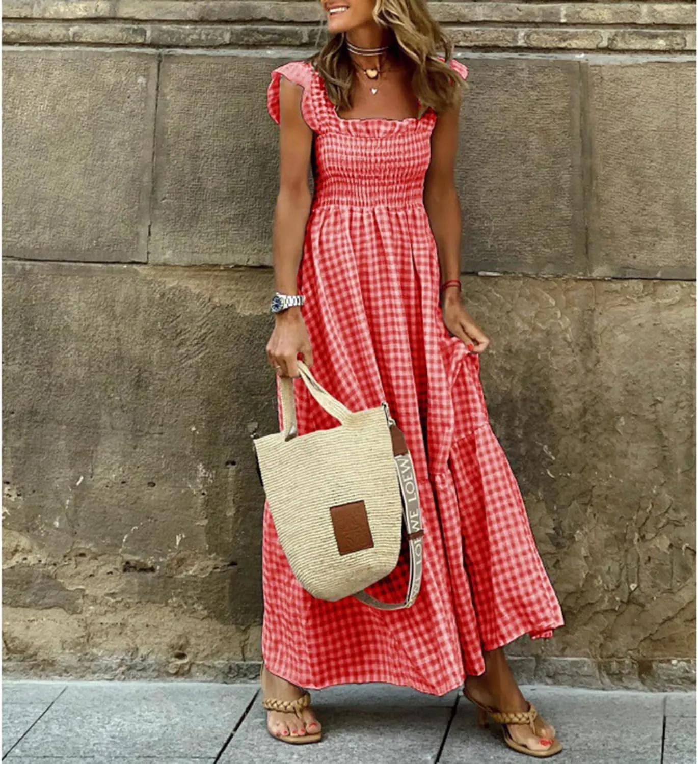 Women's Retro Plaid Smocked Dress Casual Square Neck Ruffle Spaghetti Strap Flounce Long Dress Beach Vacation Sun Dresses