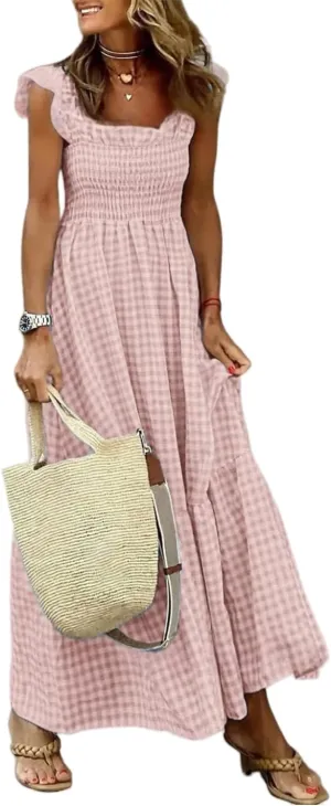 Women's Retro Plaid Smocked Dress Casual Square Neck Ruffle Spaghetti Strap Flounce Long Dress Beach Vacation Sun Dresses