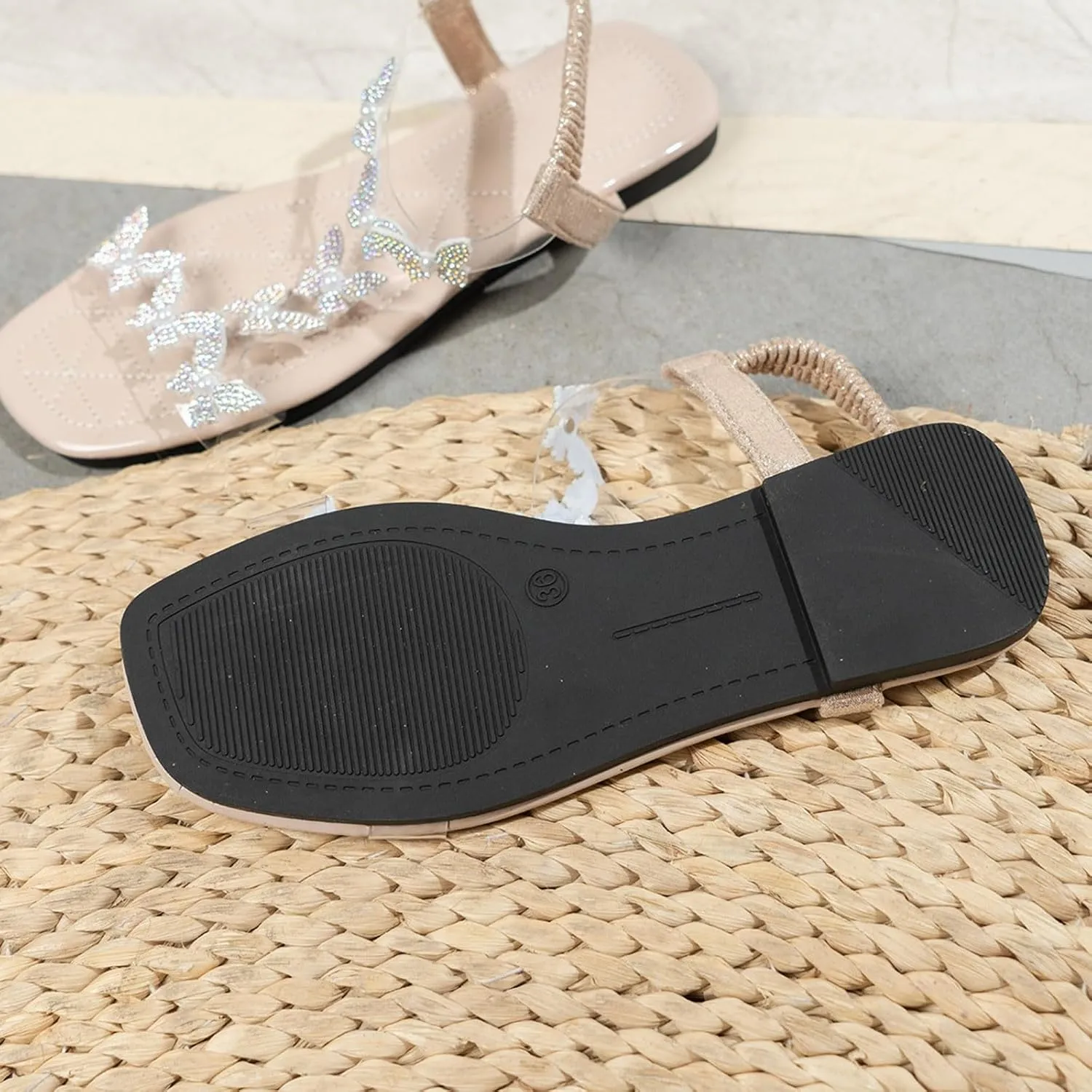 Women's Rhinestone Flat Sandals Sparkly Butterfly Open Toe Clear Elastic Ankle Strap Sandal Summer Glitter Dressy Flats Comfortable Beach Walking Shoes