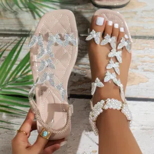 Women's Rhinestone Flat Sandals Sparkly Butterfly Open Toe Clear Elastic Ankle Strap Sandal Summer Glitter Dressy Flats Comfortable Beach Walking Shoes