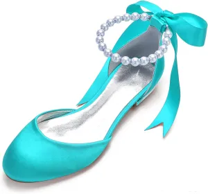 Women's Round Toe Wedding Flats Shoes for Bride Ankle Strap Pearl Formal Prom Party Dress Pumps