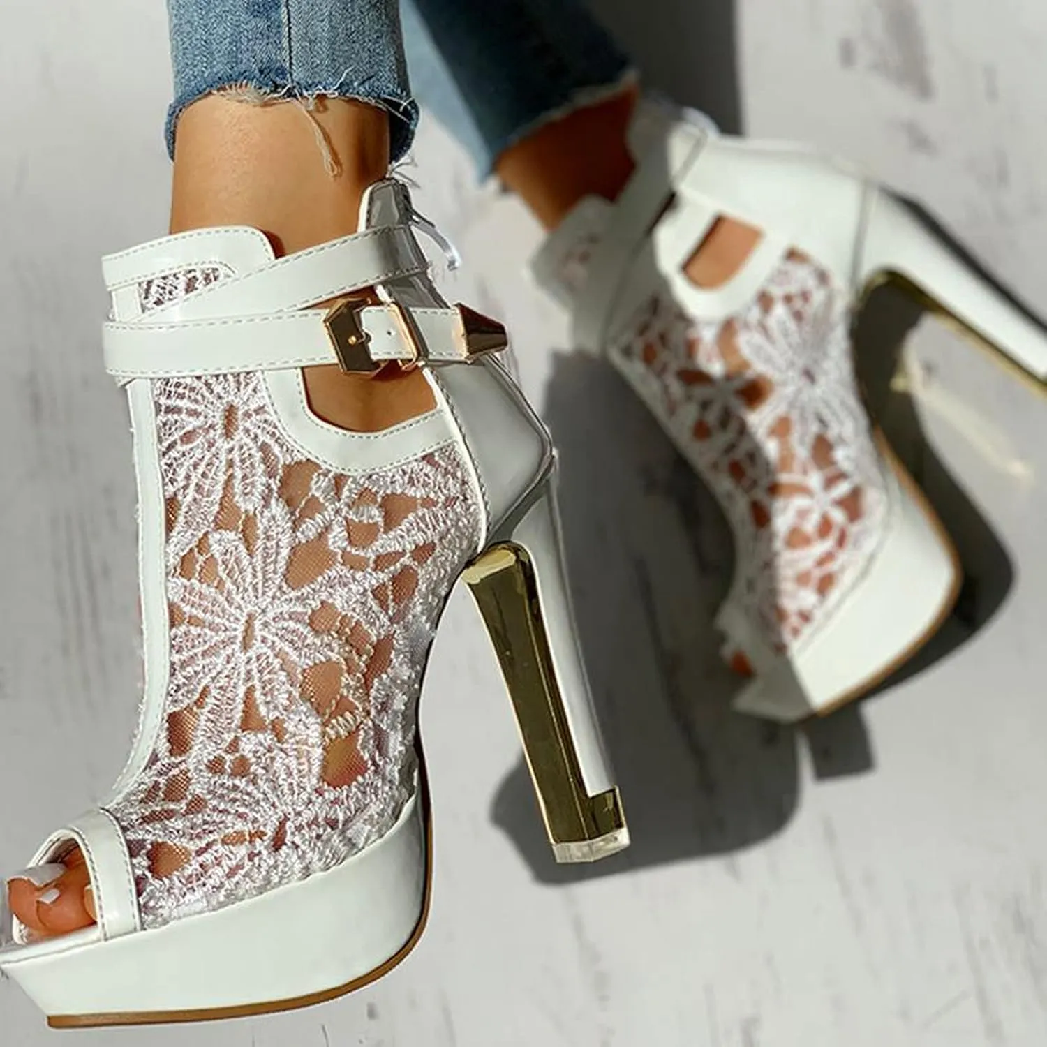 Womens Sandals High Heel Lace Floral Ankle Strap Sandals Solid Color Casual Summer Wedding Party Sandals Women