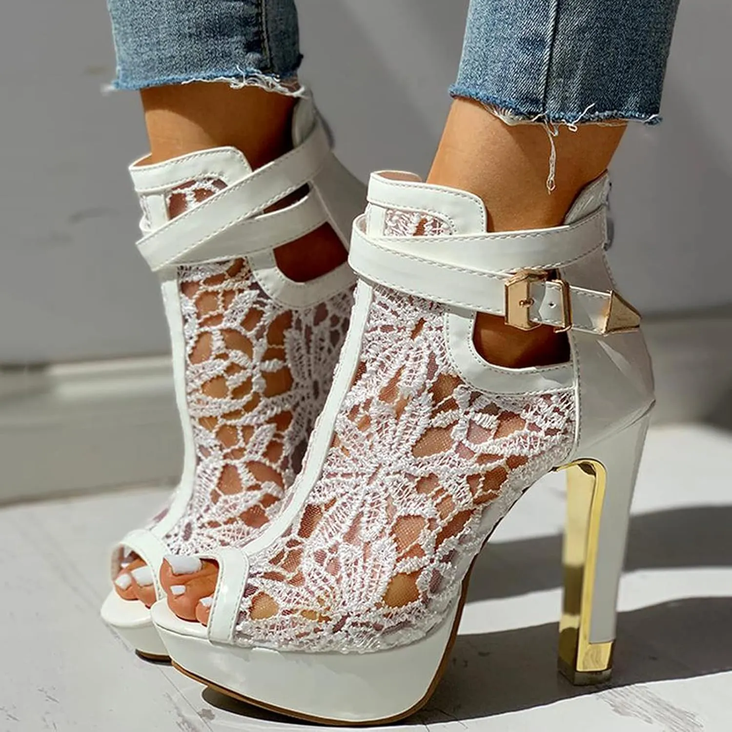 Womens Sandals High Heel Lace Floral Ankle Strap Sandals Solid Color Casual Summer Wedding Party Sandals Women
