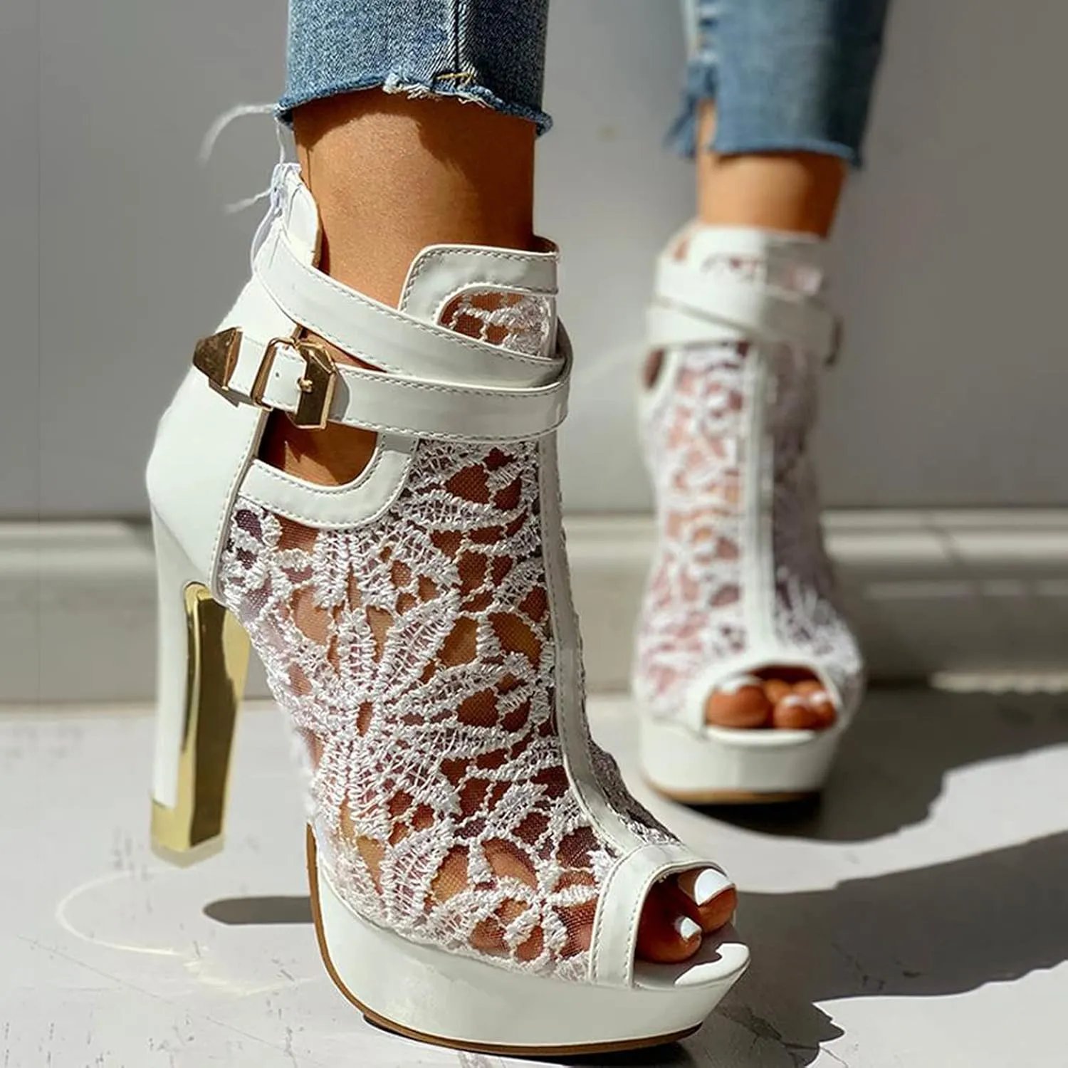 Womens Sandals High Heel Lace Floral Ankle Strap Sandals Solid Color Casual Summer Wedding Party Sandals Women
