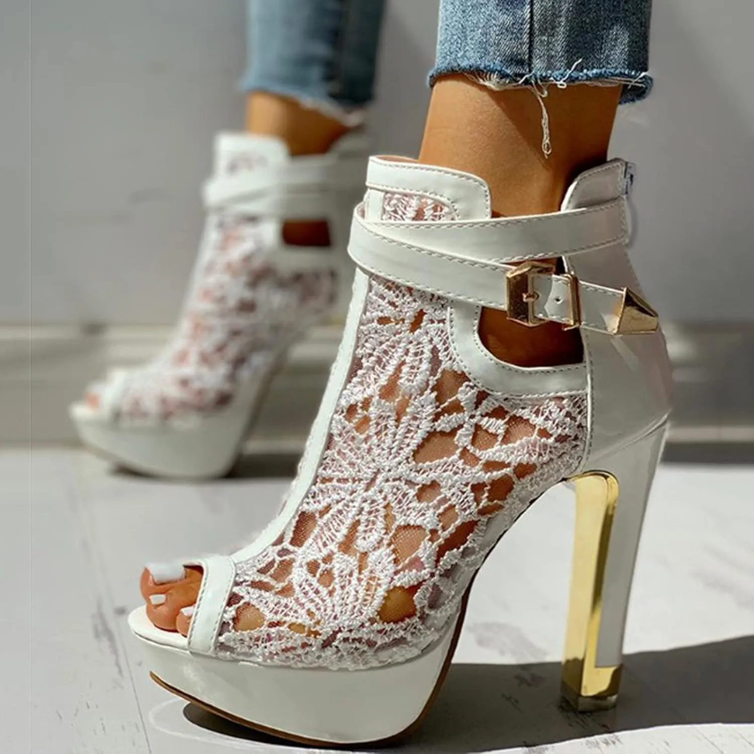 Womens Sandals High Heel Lace Floral Ankle Strap Sandals Solid Color Casual Summer Wedding Party Sandals Women