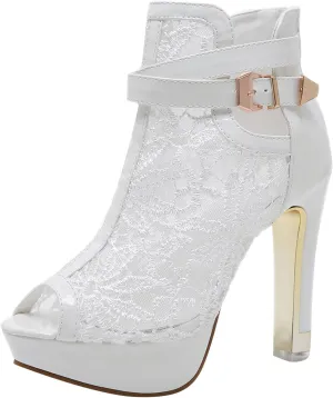 Womens Sandals High Heel Lace Floral Ankle Strap Sandals Solid Color Casual Summer Wedding Party Sandals Women