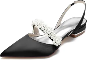 Women's Satin Pearls Boho Beach Wedding Flats Shoes for Bride Pointed Toe Slingback Bridesmaid Shoes Dressy Flats