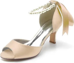Women's Satin Pearls Pumps Peep Toe Heeled Wedding Shoes for Bride Evening Party Dress Pumps Sandals