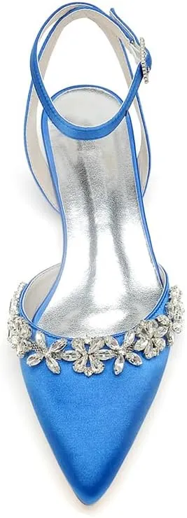 Women's Satin Wedding Flats for Bride Bridal Shoes Low Heel Closed Pointy Toe Pumps Ankle Strap Sandals
