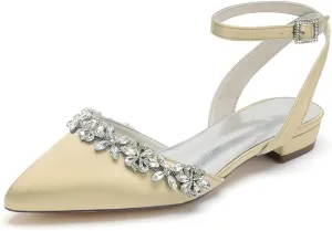 Women's Satin Wedding Flats for Bride Bridal Shoes Low Heel Closed Pointy Toe Pumps Ankle Strap Sandals