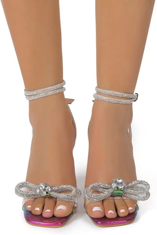 Women's Sexy Rhinestone Bow High Heel Sandals Clear Heels Sandals Square Toe Colorful Sandals